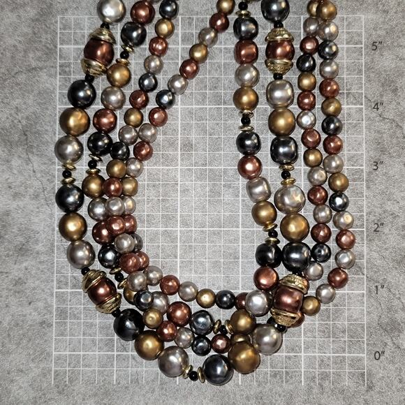 VTG c1980 Bold Beaded 4-Strand Bronze Gold Silver & Graphite Layered Necklace - Picture 4 of 4